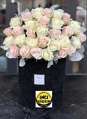 Siyah yuvarlak kutuda beyaz ve somon rengi gller